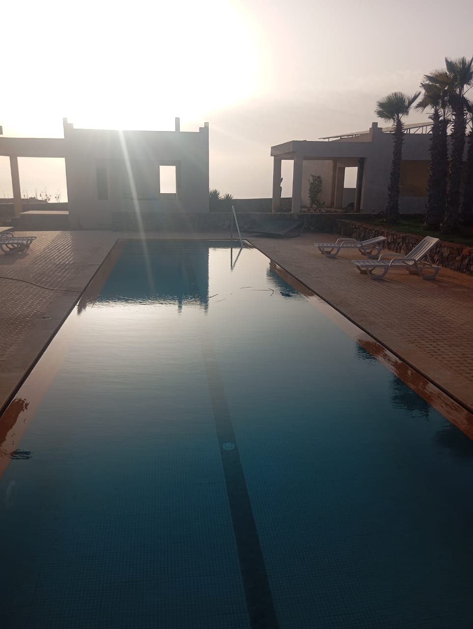 Pool reflection during sunset with modern architecture